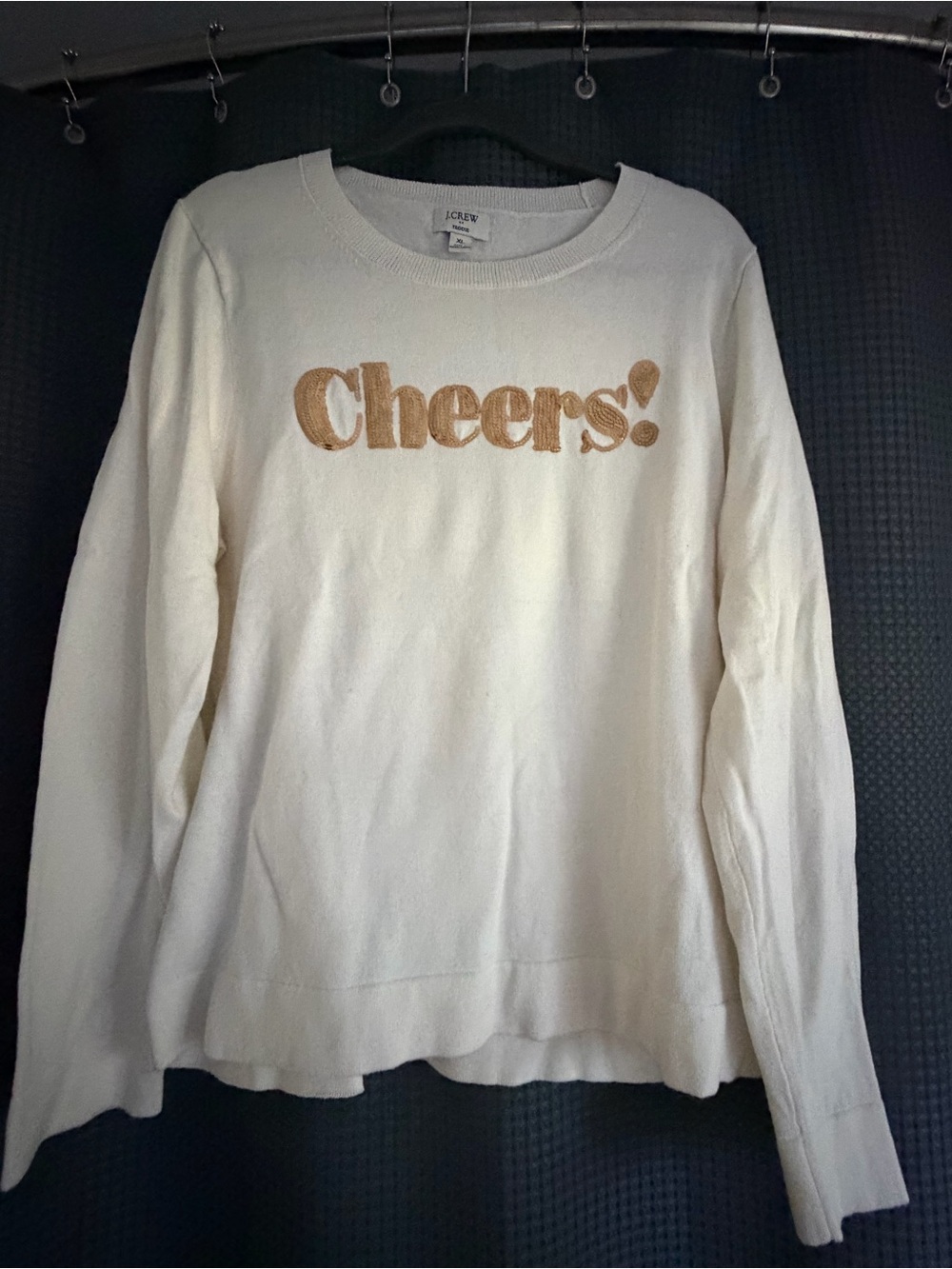 J. Crew Cream Crewneck Sweater with Gold 'Cheers!' Appliqué